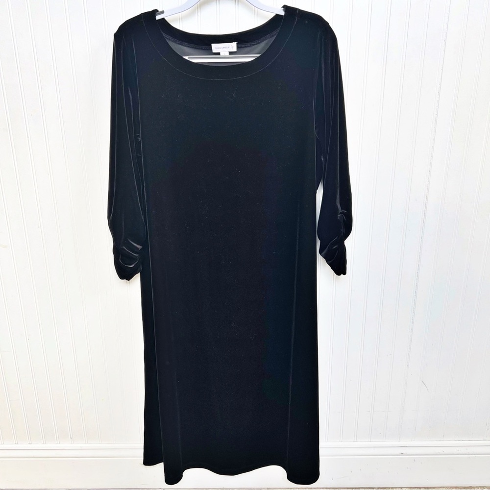 Susan Graver Black Velvet Swing Dress 3/4 Ruched Sleeves Women’s Size Large